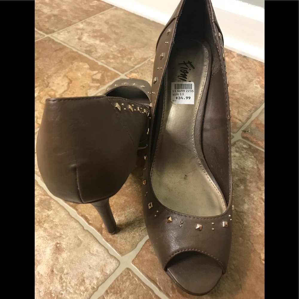 Tan, studded peep toe heels